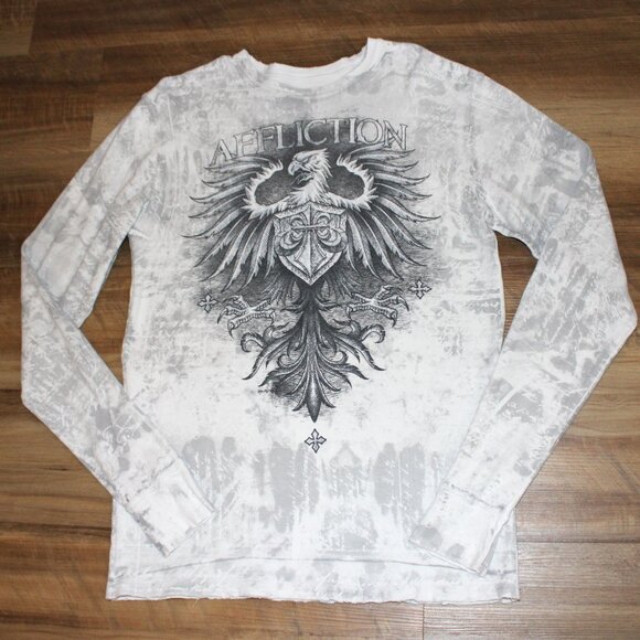 AFFLICTION Men's SIZE XL Gray & White Y2K Vintage Eagle Crest Thermal Top - Picture 1 of 5